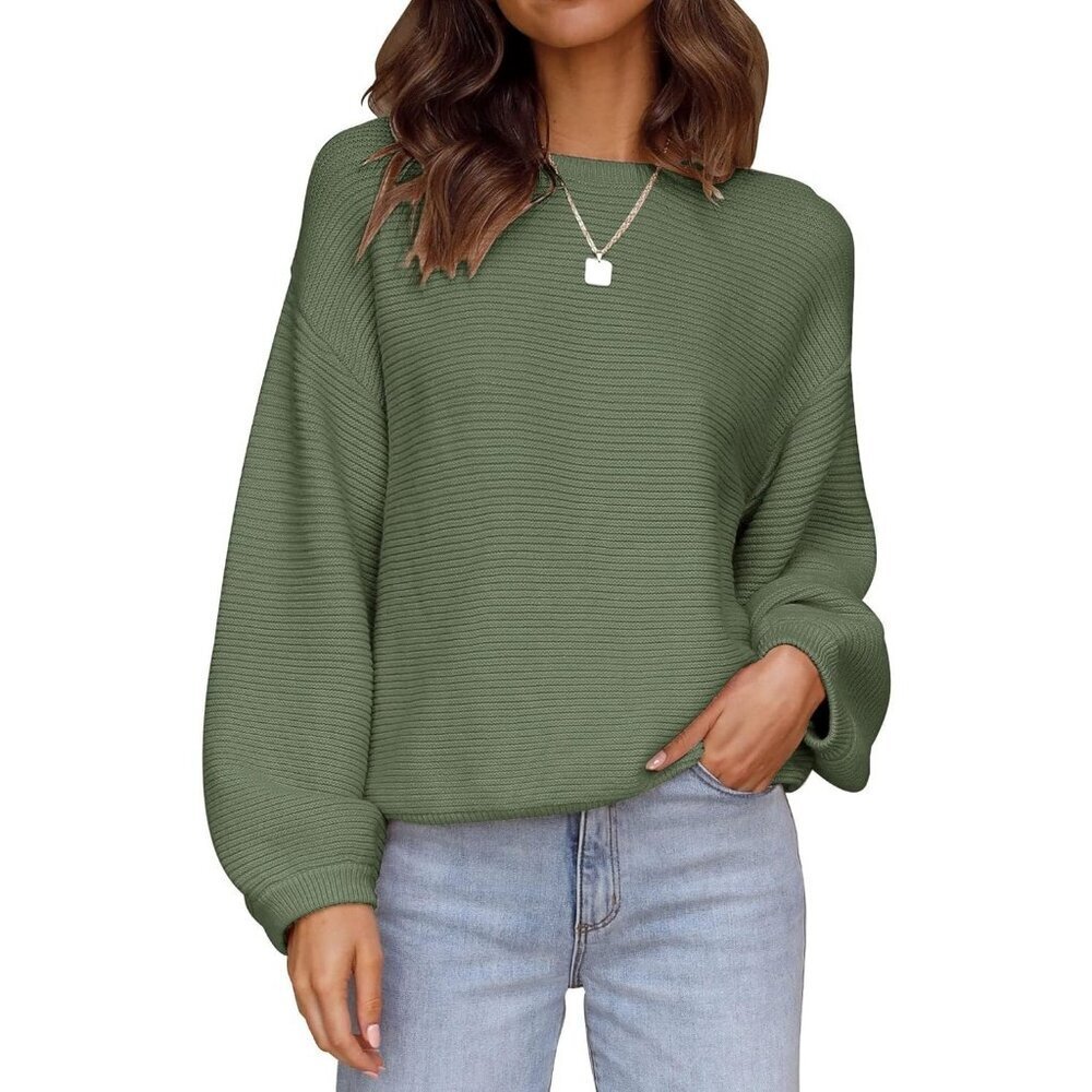 Women's Pullover Sweater Tops Army Green Crew Neck Long Sleeve Casual Loose Knit